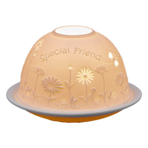white candle holder with Special Friend back lit