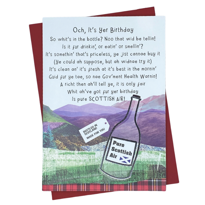 Scottish Birthday Card with Bottle of Scottish Air and a funny poem on the Front