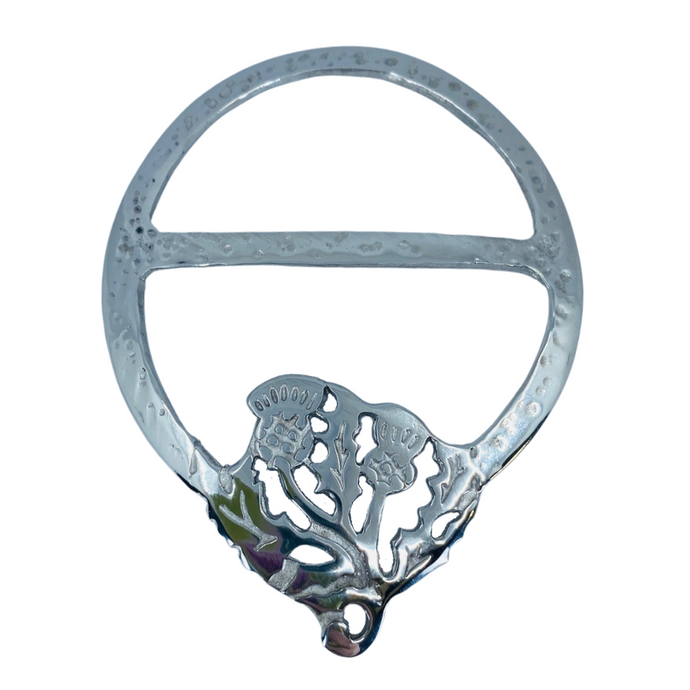 Pewter scarf ring with double thistle design at the bottom