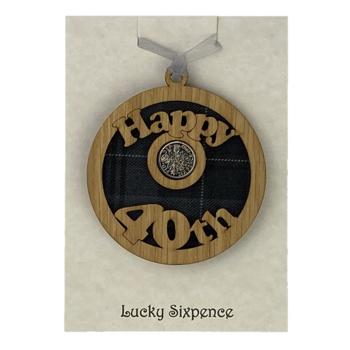 Happy 40th wooden lucky sixpence wall plaque with lucky sixpence in the centre