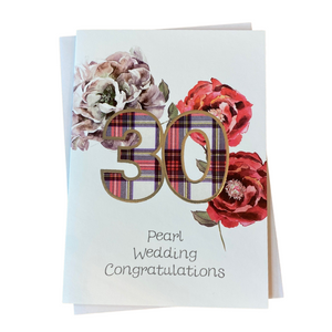 Pearl Wedding Anniversary Card With Tartan Print on White Background