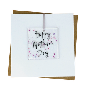 White Fused Glass Art Handmade Card with Mothers Day on the front