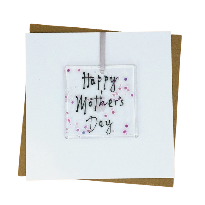 White Fused Glass Art Handmade Card with Mothers Day on the front