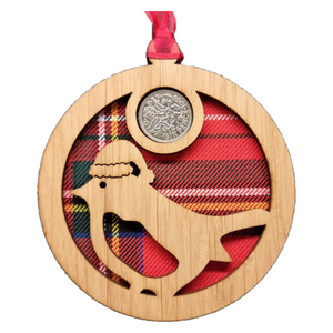 Christmas Robin Bauble Lucky Sixpence on an oak veneered surround and a Royal Stewart tartan background