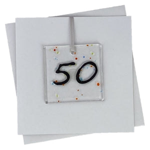 50th birthday card with fused glass art with number 50 on the front