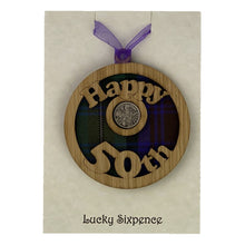 Load image into Gallery viewer, Happy 50th birthday lucky sixpence wooden wall plaque with lucky sixpence in the centre
