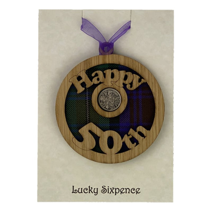Happy 50th birthday lucky sixpence wooden wall plaque with lucky sixpence in the centre