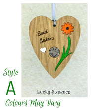 Load image into Gallery viewer, Wooden Plaque floral design and lucky sixpence in the centre
