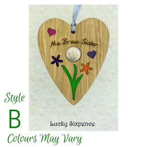 Wooden Plaque floral design and lucky sixpence in the centre