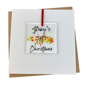 Baby`s 1st Christmas card with fused glass art decoration