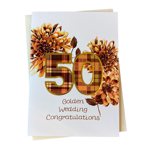 Golden Wedding Anniversary Card with Tartan and Floral Design