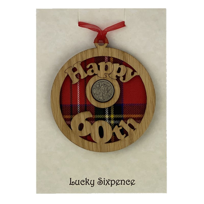 Happy 60th birthday lucky sixpence wooden wall plaque with red tartan and lucky sixpence in the centre