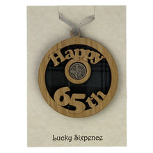 Load image into Gallery viewer, Happy 65th Lucky Sixpence Scottish Themed Gift with tartan background and wooden frame
