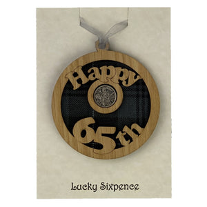 Happy 65th Lucky Sixpence Scottish Themed Gift with tartan background and wooden frame