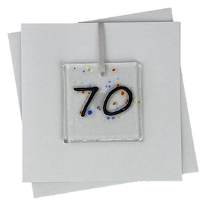 70th birthday card with fused glass art with number 70 on the front