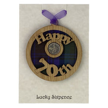 Load image into Gallery viewer, Happy 70th Lucky Sixpence Scottish Themed Gift with Hanging wooden wall plaque and lucky sixpence centre
