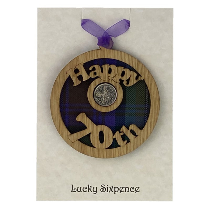 Happy 70th Lucky Sixpence Scottish Themed Gift with Hanging wooden wall plaque and lucky sixpence centre