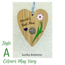 Load image into Gallery viewer, Wooden Plaque floral design and lucky sixpence in the centre
