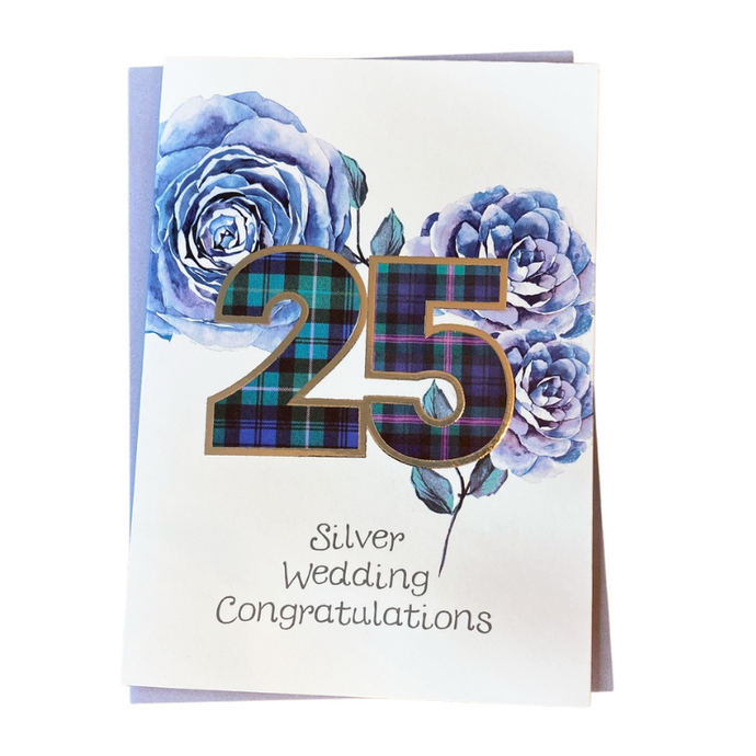 White Silver Wedding Anniversary Card wih Tartan Print