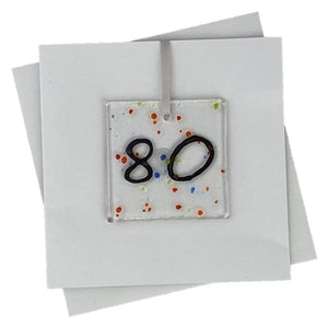80th birthday card with fused glass art with number 80 on the front