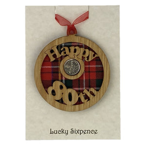 Happy 80th Lucky Sixpence Hanging Wooden Wall Plaque