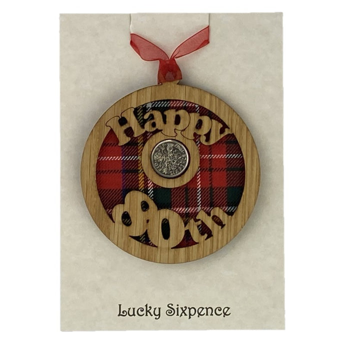 Happy 80th Lucky Sixpence Hanging Wooden Wall Plaque