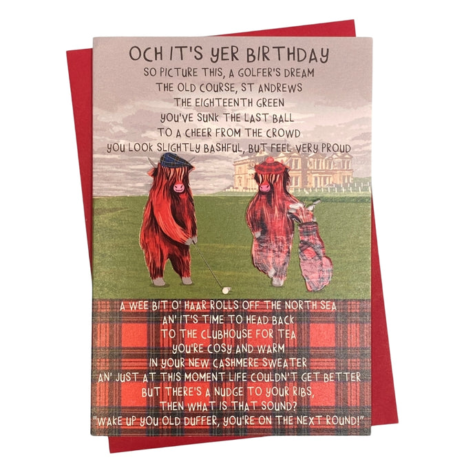 Scottish birthday card with with a poem and Golfing Coos design on the front.