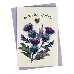 Scottish thoughtful birthday card with three thistles and a tartan heart