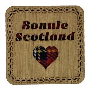 Wooden Mug Coasert Scottish Themed Gift with 'Bonnie Scotland' in tartan text