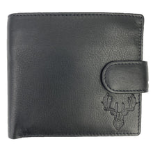 Load image into Gallery viewer, Scottish Gifts For Him Black Leather Breamar Slim Wallet with tab closing
