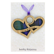 Load image into Gallery viewer, Lucky Sixpence Twin Heart wooden plaque with Bride &amp; Groom
