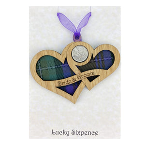 Lucky Sixpence Twin Heart wooden plaque with Bride & Groom
