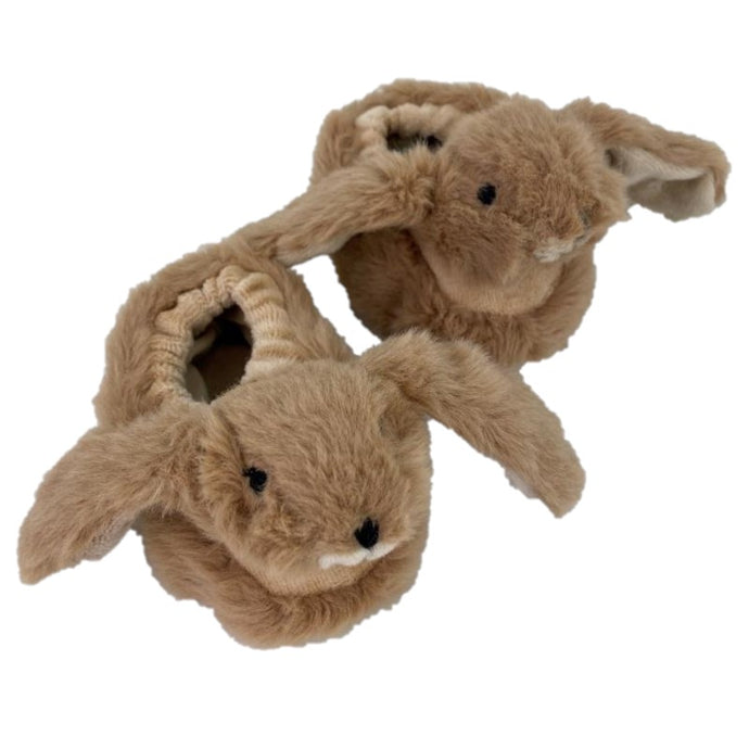 Baby Slippers with brown Bunny design on the front of the shoe