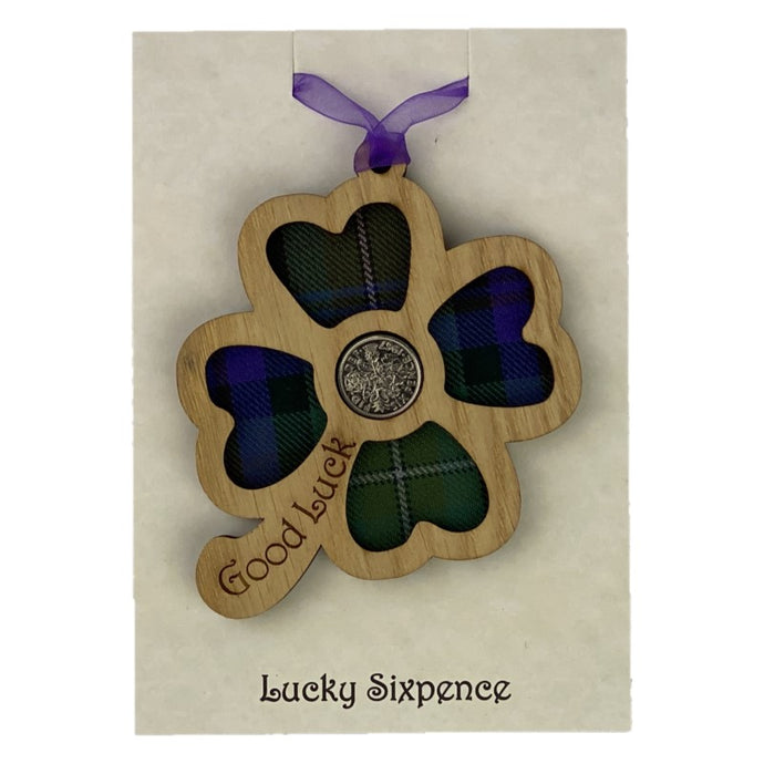 Lucky Sixpence Wooden Plaque with four leaf clover that says 'Good Luck'