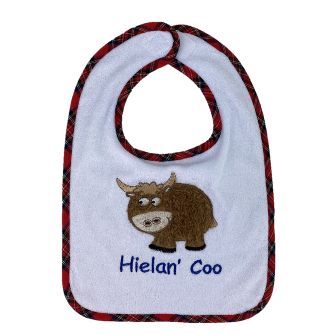 Baby Gift Bib with tartan embroidery and textured highland cow character and 'Heilan Coo' text