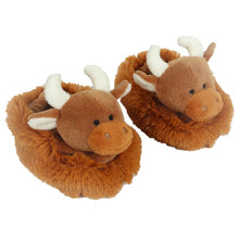 Load image into Gallery viewer, Scottish Baby Slippers with brown highland cow design on the front of the shoe
