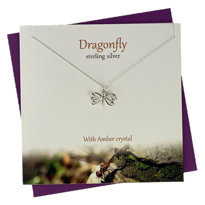 Sterling Silver pendants for women with small dragonfly design and amber crystal
