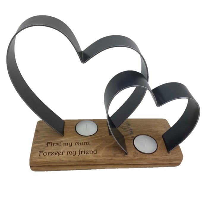 Whisky Barrel Wooden Tea Light Candle Holder with two metal hearts with Mum message engraving