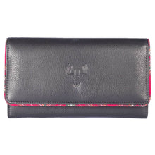 Load image into Gallery viewer, Ladies leather purse in black with tartan embroidered design
