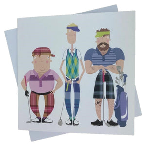 Greetings card with three scottish golfers