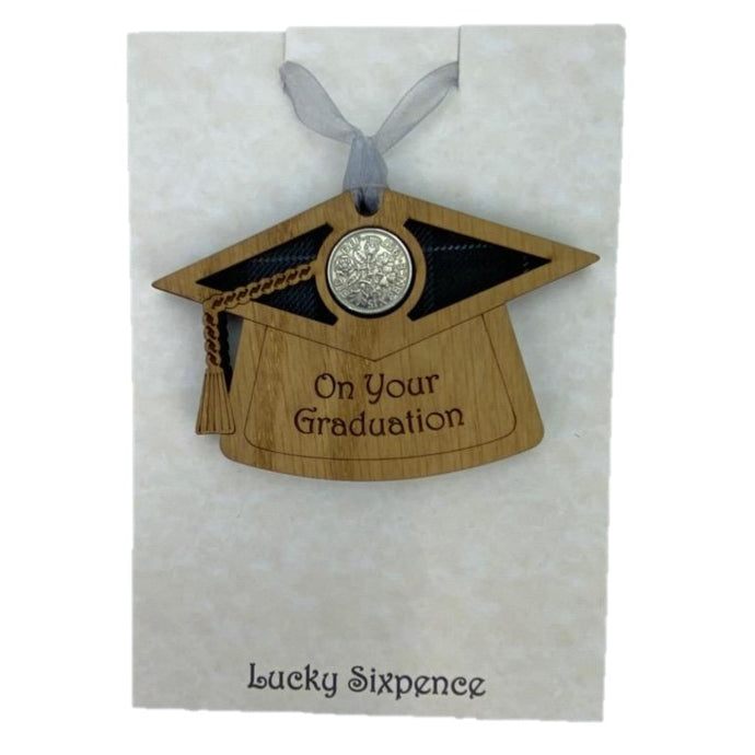 Lucky Sixpence Wooden Plaque with Graduation Cap design that says 'On Your Graduation'