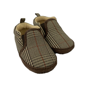 Baby Slippers with Grandpa Style Brown Check, brown embroidery and elastic support 