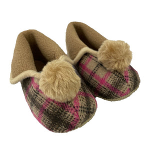 Scottish Baby Slippers for girls with Grandma Style brown and red check, fold over sides and pom pom on the front 