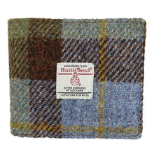 Load image into Gallery viewer, Mens Harris Tweed Wallet with brown, green, yellow and blue tweed and white Harris Tweed Label in the centre 
