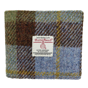 Mens Harris Tweed Wallet with brown, green, yellow and blue tweed and white Harris Tweed Label in the centre 