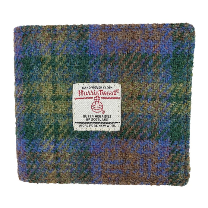 Mens Harris Tweed Wallet with green, blue and yellow tweed and white Harris Tweed Label in the centre 