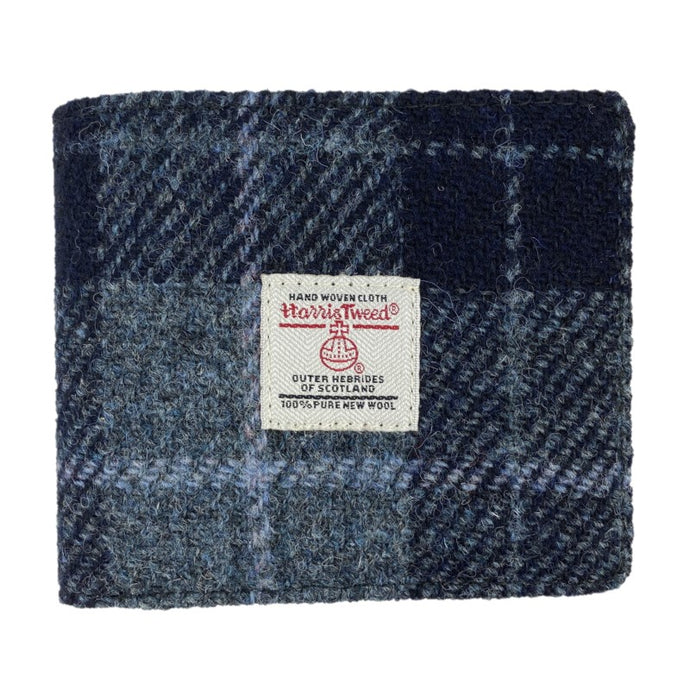 Mens Harris Tweed Wallet with blue tweed, white Harris Tweed Label in the centre and black leather inserts 