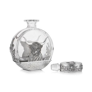 Glass Decanter Set with Pewter Highland Cow and Thistle Design