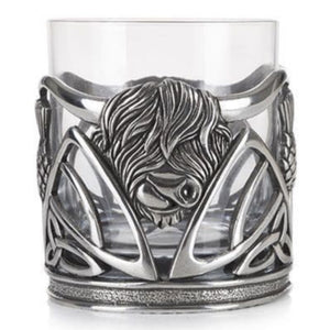 Glass Whisky Tumbler Glass with Pewter Highland Cow Design