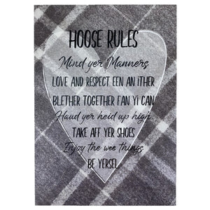 Grey Tartan Scottish Print with 'Hoose Rules' in black text and instuctions written in a heart